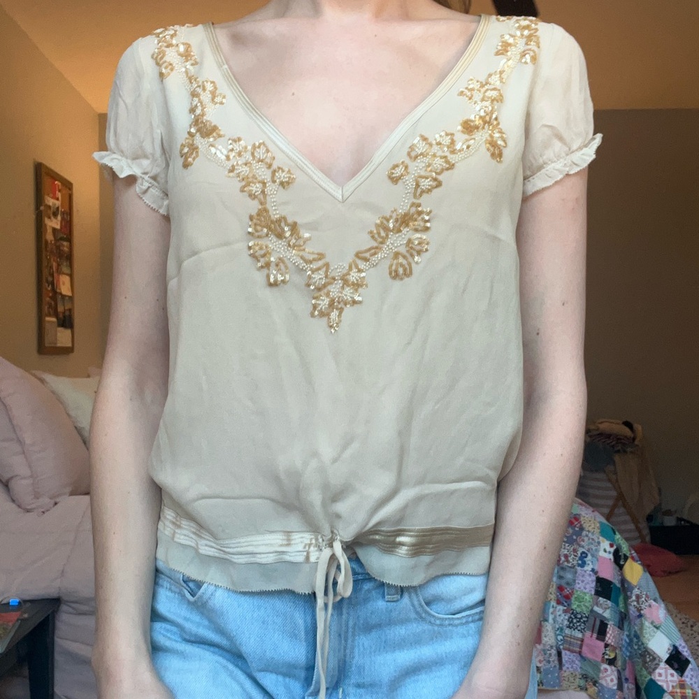 Vintage DKNY 100% Silk Cream Embellished Short Sleeve Blouse, Size 2